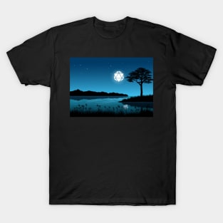 Starry Night D20 Dice Lake Reflection Tabletop RPG Maps and Landscapes T-Shirt